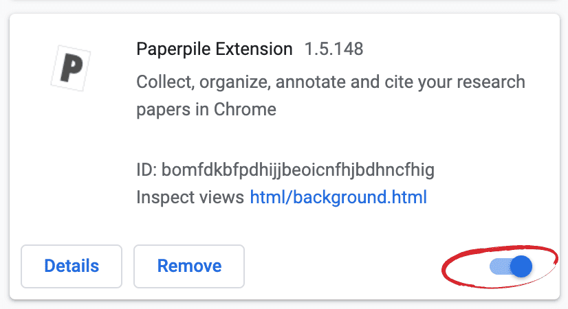 The Paperpile Extension card on chrome://extensions showing version 1.5.148, its description and ID, with Details and Remove buttons and a circled enable toggle switched on.